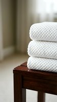 Stacked white textured towels on wooden furniture in bright interior setting, suitable for spa, hotel, and home decor designs.
