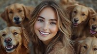 Young woman with long wavy brown hair smiling brightly surrounded by four friendly golden retriever dogs looking at camera, expressing joy and companionship outdoors.