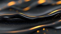 Elegant black waves with glowing golden light streaks and sparkles create dynamic abstract background for luxury design and presentations.