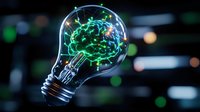 Glowing green brain inside light bulb on dark background with bokeh lights, representing innovation, artificial intelligence and creative thinking.