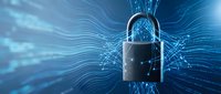 Digital padlock with glowing circuit patterns and data streams representing cybersecurity, network protection, and information technology security solutions.