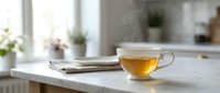 Steaming hot herbal tea in glass cup on white kitchen counter with soft natural lighting and cozy home atmosphere for relaxation and wellness moments.