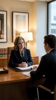 Mature Caucasian businesswoman in navy suit consults male client at wooden desk in professional law office with bookshelves.