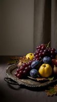 Autumn harvest still life with red grapes, plums and quinces arranged on ornate silver tray with fallen leaves creating moody seasonal composition.