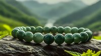 Green jade beaded bracelet on stone against blurred mountain landscape background, natural healing stones jewelry photographed in soft morning light.