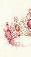 Watercolor princess crown with pink gemstones and ornate swirls on textured paper background for feminine design projects.