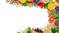 Healthy organic food frame with fresh fruits, vegetables, nuts, grains and legumes on white background for nutrition and wellness concepts.