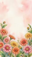 Watercolor gerbera daisies in pink, orange and yellow bloom along a soft pastel background with copy space for text or design.