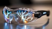 Lightning electrical discharge effect in protective safety glasses on blurred background, bright neon blue energy sparks and glowing plasma streaks.