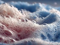 Microscopic foam bubbles creating abstract textured landscape with soft pink and blue tones for scientific research and educational materials.