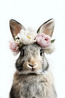 Adorable grey bunny wearing crown of white and pink peonies on white background, close up portrait. Romantic spring and Easter concept for cards and designs.