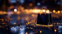 Shopping bag glowing in dark night city background with bokeh lights effect, luxury retail and holiday season concept for advertising design.