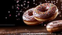 Glazed donuts with colorful sprinkles falling in motion against dark background. Fresh baked pastries with pink frosting captured in dynamic levitation shot.