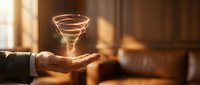 Hand holding glowing wireframe funnel against warm blurred interior background, representing data flow, business process optimization, and digital transformation concepts.