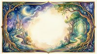 Watercolor fantasy frame with enchanted castle, magical forest, crescent moon, and fairies, featuring a blank center space for text or design.