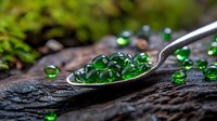 Green molecular gastronomy caviar spheres on vintage silver spoon against dark wooden background with moss, modern cuisine concept for restaurant menu styling.