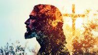 Spiritual double exposure silhouette of African American man profile merged with sunset forest and glowing cross, representing faith, meditation and divine connection.
