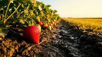 Fresh ripe strawberries growing in agricultural field rows during golden hour sunset with warm natural lighting for farming and organic produce concepts.