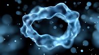 Glowing blue ring formed by luminous particles floating in dark space with bokeh effect background, creating mystical atmospheric composition.