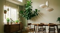 Modern dining room interior with wooden furniture, green plants and pendant lighting for home decor and lifestyle design projects.