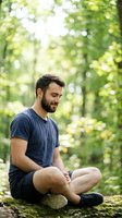 Young man with dark hair and beard, Caucasian ethnicity, wearing casual navy t-shirt and black shorts, sitting cross-legged outdoors in forest setting with blurred green foliage and natural sunlight in background.