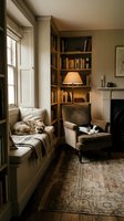 Cozy reading nook with built-in bookshelf, vintage armchair, window seat with cushions, warm lighting, and sleeping cats in traditional home library interior.
