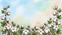 Watercolor cotton flowers frame with soft pastel sky background, botanical border with fluffy white bolls and green leaves, copy space.