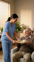 Young Hispanic female nurse in blue scrubs serving healthy meal to smiling elderly Caucasian man in comfortable home care setting with natural sunlight.