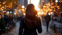 Young woman with long brown hair walking through busy city street at sunset with warm bokeh lights creating atmospheric urban evening scene for lifestyle content.
