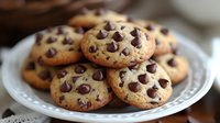Fresh baked chocolate chip cookies stacked on white decorative plate, showing soft centers and melted chocolate chips with golden brown edges.