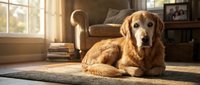 Golden retriever dog lying on rug in cozy living room with warm sunlight streaming through window, comfortable home interior for pet care content.