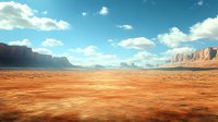Vast desert landscape with towering sandstone cliffs and mesas under bright blue sky with scattered white clouds, dramatic wilderness scenery in warm orange tones.