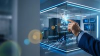 Young male professional in business suit interacting with holographic analytics dashboard displaying data charts and graphs in modern office environment for technology and business solutions.