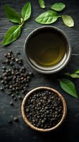 Fresh green tea in ceramic bowl with black peppercorns and tea leaves on dark slate background, overhead view for food and beverage marketing.