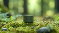 Green cosmetic jar on natural moss in forest environment with soft bokeh background and morning sunlight creating organic skincare product scene.