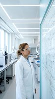Female scientist in white lab coat and safety glasses studying equations on whiteboard in modern research laboratory.