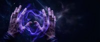 Aged hands conjuring a glowing purple energy orb against a dark cosmic background, evoking mystery, magic, and supernatural power.
