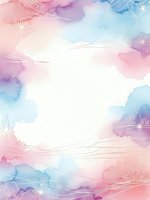 Soft watercolor background with pastel pink blue purple hues and delicate line art florals creating dreamy artistic frame for wedding invitations or greeting cards.