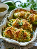 Stuffed bell peppers with golden cheese topping baked in ceramic dish, garnished with fresh herbs for healthy dinner meal preparation.