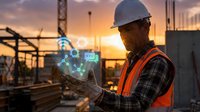Engineer in hard hat and safety vest holding glowing digital hologram of building blueprint at construction site during sunset, representing technology integration in modern industrial development.