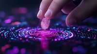 Finger touching digital fingerprint scan with glowing purple and blue circular ripple effect on dark background, futuristic biometric security concept.