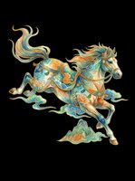 Ornate celestial horse galloping through clouds, decorated with teal and gold floral armor in traditional Asian art style. Isolated on transparent background for stickers, sublimation, t-shirt design.
