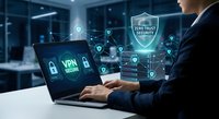 Businessman using laptop with VPN secure connection and cybersecurity shield icons in modern office environment for data protection and privacy.