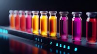 Colorful glass vials with vibrant liquid samples in laboratory setting illuminated by neon blue lights, arranged in row on dark background for scientific research.