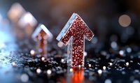 Glowing red crystal arrows pointing upward on dark surface with scattered sparkles and bokeh lights, symbolizing growth, success and forward momentum.