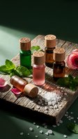 Natural essential oil bottles with wooden caps arranged on rustic wood board with fresh mint leaves, sea salt crystals and rose for aromatherapy spa treatments.