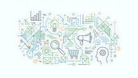Digital marketing strategy concept with business icons, analytics charts, megaphone and shopping elements in modern line art style on white background.