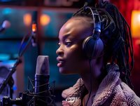 Young African American female vocalist with dreadlocks wearing headphones in recording studio with professional microphone, illuminated by colorful ambient lighting.