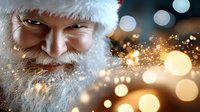 Close up portrait of senior man with natural white beard and red hat smiling against festive bokeh lights background during winter holiday season.
