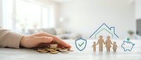 Family protection concept with wooden figures, coins, shield, house and piggy bank icons, symbolizing financial security and insurance planning.